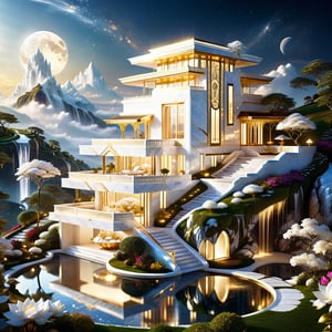 Epic, Ultra hyper intricate detail, ultra-sharp, Fantasy, Heavenly A luxurious white marble and glowing gold future house. The house is located on Hill above the clouds. features a clear reflecting small pool. a garden with various flowers, waterfalls. small river and a pavilion for sitting and drinking tea prominently located in the garden. The night moonlight mixed cosmic universe.