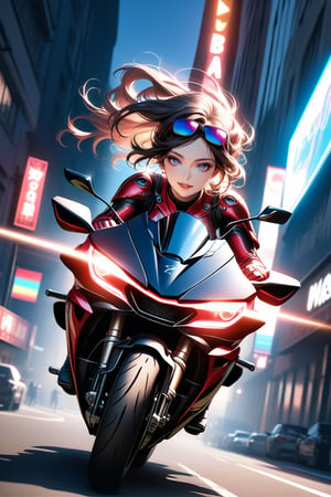 Sexy, A highly detailed and powerful image of a cyborg sweet face Japan gothic little girl in mecha armor,black and red colored armor,neon light lines glowing,exquisite face,She is very badass,Smiling sarcastically,soft shiny skin,rainbow hair blowing,blue eyes, sunglasses, riding a motor cycle,kawasaki ninja h2r at high speed, moonlight city street backdrop, dynamic pose, focused expression,realistic,detailed,masterpiece,best quality,sharp focus,high contrast,rule of thirds,depth of perspective,trending on artstation,chiaroscuro lighting, ek_ph0t0_b00ster,ek_art_b00ster,beauy_ks01, masterpiece, photorealistic, Perfect lighting, ultra hyper quality. Ultra hyper intricate detail. Majestic. fantasy. 8k resolution.