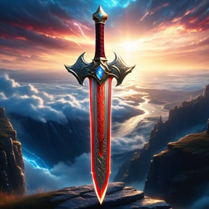 Epic, Magnificent, Majestic, Meticulous, A legendary magic knight sword. The hilt is made of gold with glowing cosmic engravings, blended with complex mechanism. The fuller of the blade is crystalline, glowing blue along with Runic alphabet. on a cliff high above the clouds. The sky mixed the universe. twinkling divine lights and holy lightning illuminating it from above. The red cloth tied to the sword's hilt blowing in the wind. Cycle of the twelve zodiac signs. ultra hyper iridescent, ultra hyper luminescent, ultra hyper intricate detail. steampunk engine. 