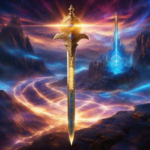 Epic, Magnificent, Majestic, Meticulous, A legendary magic knight sword. The hilt is made of gold with glowing cosmic engravings, blended with complex mechanism. The fuller of the blade is crystalline, glowing blue along with Runic alphabet. on a cliff high above the clouds. The sky mixed the universe. twinkling divine lights and holy lightning illuminating it from above. The red cloth tied to the sword's hilt blowing in the wind. Cycle of the twelve zodiac signs. ultra hyper iridescent, ultra hyper luminescent, ultra hyper intricate detail. steampunk engine. 