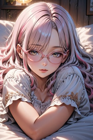 A highly realistic and beautifully detailed image of a young woman with a tanned, wearing light pink frame glasses, glowing hair streaked with bright multicolored hair, parted bangs hair over one eye, smooth complexion, wearing trendy, cute fashion typical of teenage girls. She is peacefully asleep, with her head resting on the viewer's shoulder, radiating an adorable and serene expression even in her sleep. The setting exudes warmth and romance, creating an intimate, cozy ambiance that highlights her charm and the tender connection with the viewer., best texture,complex,masterpiece,hyper realistic,Perfect lighting,ultra quality,Ultra intricate detail