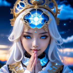 Close up. Mysterious and elegant personality, Beautiful young sweet face loli Japan half euro girl. smile. glowing blue cosmic eyes. highlights hair. Golden glasses. translucent nun. She praying on hill above the clouds. translucent gloves. She has extra gigantic bust. ultra hyper intricate detail. Sunset mixed night. black on white smoke layer. steampunk engine.