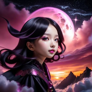 A black-pink witch is mysterious and elegant beautiful young loli japan sweet face with gothic aesthetic, Her face has high definition. glowing cosmic eyes. Hair covering on one her eye, highlights hair. Golden glasses. Smiling gently. She has extra gigantic bust, an extremely large, naturally full and round bust. She practicing spells on the cliff above the clouds. black on white smoke layer. The sunset mixed the night seen universe. Divine lightning. ultra hyper intricate detail.