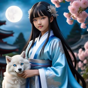 Close up. The sky mixed the universe and has a full moon. Only beautiful sweet face young japan with a gothic aesthetic, Her face has high definition. Wear glasses. She was smiling charmingly and her canine teeth were visible. She has long straight black hair with blunt bangs, adorned with silver hair clips. glowing blue eyes. wore a high realistic Majestic robe long skirt that was intricately woven with a white emblem and decorated with light blue ribbons. She has a powerful aura. her pose is natural and elegant, She has an extremely large, naturally full and round bust. In the garden where the most beautiful flowers in the world gather., ultra hyper iridescent, ultra hyper luminescent, ultra hyper intricate detail.