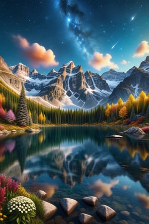 An awe-inspiring, highly detailed, and visually stunning landscape that combines realism with surreal imagination. The scene features a crystal-clear, sparkling lake, multiple waterfalls both large and small, and majestic mountains. The mountains are covered partly with autumn-colored forests and partly with snow. There is a colorful meadow with flowers in full bloom, fluffy clouds floating in the sky. The sky itself is full of bright stars, creating a warm and romantic atmosphere. No people are present. The overall details are intricate and exquisite, highly detailed with a dreamlike quality, combining realism with a touch of the supernatural, field of fireflies, best texture,complex,masterpiece,hyper realistic,Perfect lighting,ultra quality,Ultra intricate detail