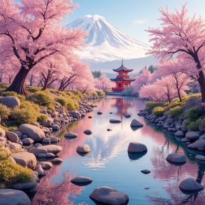 An extremely beautiful scene of a natural river that is as pure as glass and reflects light like a diamond. The cherry trees in full bloom are extremely beautiful and delicate. Snow Mountains. All of nature surrounds the sacred glowing Japan divine shrine. Exceptionally sharp and complex. fantastic. Hyperreality. no people.