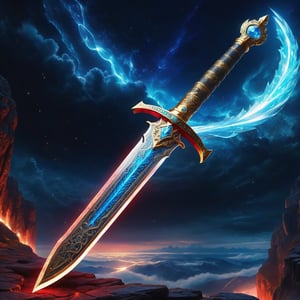 Epic, Magnificent, Majestic, Meticulous, A legendary magic knight sword. The hilt is made of gold with glowing cosmic engravings, blended with complex mechanism. The fuller of the blade is crystalline, glowing blue along with Runic alphabet. on a cliff high above the clouds. The sky mixed the universe. twinkling divine lights and holy lightning illuminating it from above. The red cloth tied to the sword's hilt blowing in the wind. Cycle of the twelve zodiac signs. ultra hyper iridescent, ultra hyper luminescent, ultra hyper intricate detail. steampunk engine. 