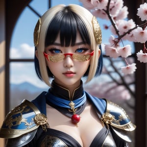 Close up. Show half full her body. A mysterious and elegant beautiful young loli japan with gothic aesthetic. mecha mask. red glasses. blue glowing eyes. Hime cut short straight black hair streaked with bright blonde hair with blunt bangs. She wears a divine knight armor mixed with silver chains and golden pattern. black shawl. She standing with her arms folded gracefully and confidently. She has an extremely large, naturally full and round bust. In Ninja houseand a large window showing cherry trees in bloom. with high-definition detail and accuracy. perfect anatomy. ultra hyper quality. ultra hyper intricate detail. fantastic. photorealistic.