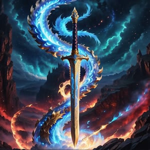 Epic, Magnificent, Majestic, Meticulous, A legendary magic knight sword. The hilt is made of gold with glowing cosmic engravings, blended with complex mechanism. The fuller of the blade is crystalline, glowing blue along with Runic alphabet. on a cliff high above the clouds. The sky mixed the universe. twinkling divine lights and holy lightning illuminating it from above. The red cloth tied to the sword's hilt blowing in the wind. Cycle of the twelve zodiac signs. ultra hyper iridescent, ultra hyper luminescent, ultra hyper intricate detail. steampunk engine. 