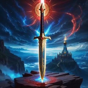 Epic, Magnificent, Majestic, Meticulous, A legendary magic knight sword. The hilt is made of gold with glowing cosmic engravings, blended with complex mechanism. The fuller of the blade is crystalline, glowing blue along with Runic alphabet. on a cliff high above the clouds. The sky mixed the universe. twinkling divine lights and holy lightning illuminating it from above. The red cloth tied to the sword's hilt blowing in the wind. Cycle of the twelve zodiac signs. ultra hyper iridescent, ultra hyper luminescent, ultra hyper intricate detail. steampunk engine. 