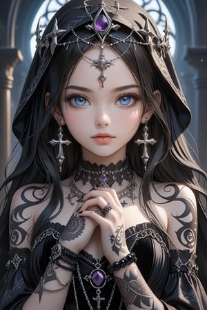 Sexy, close up, Show her half full body, A highly detailed and powerful image of a powerful gothic sorceress little girl, her face partially hidden by her elegantly adorned hand. She has pale, slender fingers, on which several silver magical rings, set with dark gemstones like onyx and amethyst, glimmer. Her hand is decorated with mysterious tattoos that seem to pulse with a dark energy. She wears a gothic ensemble, a black velvet dress richly embroidered with occult patterns. Her long black hair frames her pale face, and her eyes, accentuated with dark makeup, shine with an intense light. Large silver necklaces, with pendants shaped like crosses and ancient symbols, rest on her chest., ultra hyper quality. Ultra hyper intricate detail. Majestic. fantasy. 8k resolution.