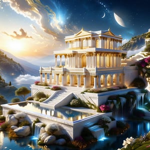 Epic, Ultra hyper intricate detail, ultra-sharp, Fantasy, Heavenly A luxurious white marble and glowing gold ancient greece house. The house is located on Hill above the clouds. features a clear reflecting small pool. a garden with various flowers, waterfalls. small river and a pavilion for sitting and drinking tea prominently located in the garden. The night moonlight mixed cosmic universe.