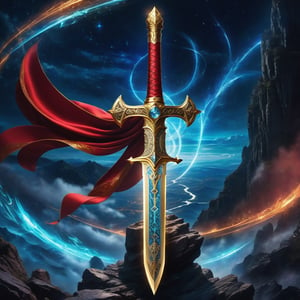 Epic, Magnificent, Majestic, Meticulous, A legendary magic knight sword. The hilt is made of gold with glowing cosmic engravings, blended with complex mechanism. The fuller of the blade is crystalline, glowing blue along with Runic alphabet. on a cliff high above the clouds. The sky mixed the universe. twinkling divine lights and holy lightning illuminating it from above. The red cloth tied to the sword's hilt blowing in the wind. Cycle of the twelve zodiac signs. ultra hyper iridescent, ultra hyper luminescent, ultra hyper intricate detail. steampunk engine. 