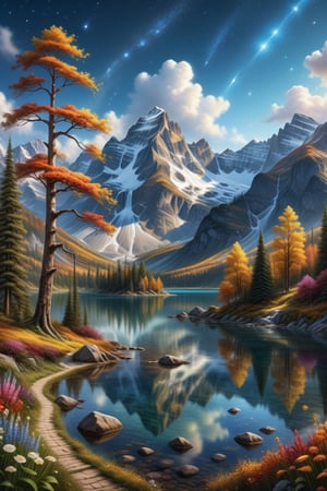 An awe-inspiring, highly detailed, and visually stunning landscape that combines realism with surreal imagination. The scene features a crystal-clear, sparkling lake, multiple waterfalls both large and small, and majestic mountains. The mountains are covered partly with autumn-colored forests and partly with snow. There is a colorful meadow with flowers in full bloom, fluffy clouds floating in the sky. The sky itself is full of bright stars, creating a warm and romantic atmosphere. No people are present. The overall details are intricate and exquisite, highly detailed with a dreamlike quality, combining realism with a touch of the supernatural, field of fireflies, best texture,complex,masterpiece,hyper realistic,Perfect lighting,ultra quality,Ultra intricate detail