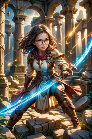 An exquisite, highly detailed, and realistic image of a beautiful glasses-wearing young woman who is a treasure hunter. She is dressed in expert adventurer attire, complete with practical yet stylish clothing, sturdy boots, and gloves. She is attempting to pull a legendary glowing magical sword embedded firmly in a large stone. The expression on her face combines intense determination and a bit of adorable frustration, conveying her effort to pull the sword out. The scene has a mix of a serious and slightly humorous atmosphere, highlighting her endearing persistence. The background has a mystical setting, surrounded by ancient ruins and glowing symbols. Soft, magical lighting enhances the atmosphere, creating a sense of wonder and adventure., best texture,complex,masterpiece,hyper realistic,Perfect lighting,ultra quality,Ultra intricate detail