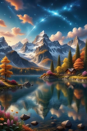 An awe-inspiring, highly detailed, and visually stunning landscape that combines realism with surreal imagination. The scene features a crystal-clear, sparkling lake, multiple waterfalls both large and small, and majestic mountains. The mountains are covered partly with autumn-colored forests and partly with snow. There is a colorful meadow with flowers in full bloom, fluffy clouds floating in the sky. The sky itself is full of bright stars, creating a warm and romantic atmosphere. No people are present. The overall details are intricate and exquisite, highly detailed with a dreamlike quality, combining realism with a touch of the supernatural, field of fireflies, best texture,complex,masterpiece,hyper realistic,Perfect lighting,ultra quality,Ultra intricate detail