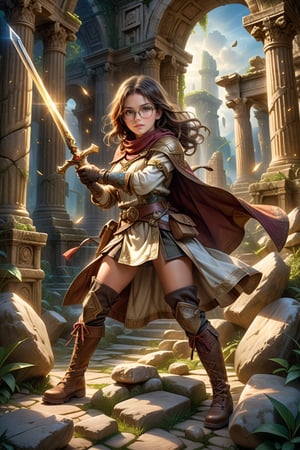 An exquisite, highly detailed, and realistic image of a beautiful glasses-wearing young woman who is a treasure hunter. She is dressed in expert adventurer attire, complete with practical yet stylish clothing, sturdy boots, and gloves. She is attempting to pull a legendary glowing magical sword embedded firmly in a large stone. The expression on her face combines intense determination and a bit of adorable frustration, conveying her effort to pull the sword out. The scene has a mix of a serious and slightly humorous atmosphere, highlighting her endearing persistence. The background has a mystical setting, surrounded by ancient ruins and glowing symbols. Soft, magical lighting enhances the atmosphere, creating a sense of wonder and adventure., best texture,complex,masterpiece,hyper realistic,Perfect lighting,ultra quality,Ultra intricate detail