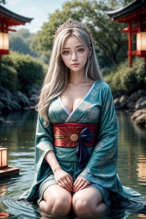 A tranquil scene unfolds: Sexy, A beautiful young gentle face russia gothic loli girl. Hime Cut light silver hair. golden glowing eyes. gold frame glasses. cosmic crystal crown. She has extra gigantic bust, an extremely large, naturally full and round bust. in traditional kimono kneels on a serene riverbank, hands releasing a Toro nagashi into the gentle current as warm sunlight softly illuminates her contemplative face amidst Japanese-inspired patterns. Composition: the subject's figure is centered, with the river and lanterns radiating outward from her. Watercolor brushstrokes blend soft hues of blue and green, reflecting the serene atmosphere. Warm light casts a peaceful ambiance, as vibrant lanterns drift lazily across the water's surface, their soft glow adding to the tranquil scene. (((medium shot, portrait))), with high-definition detail and accuracy. ultra hyper quality. perfect realistic anatomy. Ultra hyper intricate detail. Magnificent. Majestic. Meticulous. fantasy. ultra-sharp. 8k resolution. vivid style.