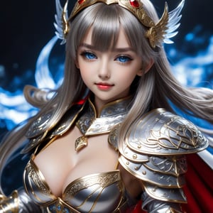 Ultra hyper intricate detail. Magnificent. Majestic. Meticulous. Beautiful young sweet face loli girl. gentle smile. glowing blue eyes. long straight glowing silver highlights hair with blunt bangs. She has extra gigantic bust. Wears Golden glasses cover her eyes. Dark golden knight mini armor and red cloth. Crystal cosmic wings. She held her sword firmly in her hand and prepared to fight like an expert in combat. black on white smoke layer. Fantasy.