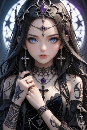 Sexy, close up, Show her half full body, A highly detailed and powerful image of a powerful gothic sorceress little girl, her face partially hidden by her elegantly adorned hand. She has pale, slender fingers, on which several silver magical rings, set with dark gemstones like onyx and amethyst, glimmer. Her hand is decorated with mysterious tattoos that seem to pulse with a dark energy. She wears a gothic ensemble, a black velvet dress richly embroidered with occult patterns. Her long black hair frames her pale face, and her eyes, accentuated with dark makeup, shine with an intense light. Large silver necklaces, with pendants shaped like crosses and ancient symbols, rest on her chest., ultra hyper quality. Ultra hyper intricate detail. Majestic. fantasy. 8k resolution.