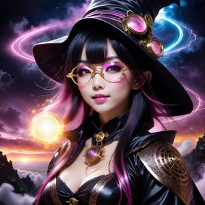 A black-pink witch is beautiful young japan sweet face with gothic aesthetic, Her face has high definition. glowing cosmic eyes. Hair covering on one her eye, straight highlights with blunt bangs. golden glasses. Smiling gently. She has extra gigantic bust. She practicing spells on the cliff above the clouds. black on white smoke layer. The sunset mixed the night seen universe. Divine lightning. ultra hyper intricate detail. steampunk engine.