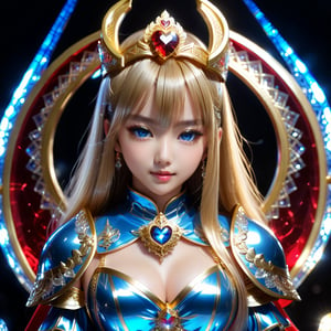 Ultra hyper intricate detail. Magnificent. Majestic. Meticulous. ln the background is divine crystal. Beautiful young sweet face japan loli girl, sad smiling. Naturally thin eyebrows. glowing sad blue eyes. long straight glowing golden highlights hair with blunt bangs. She has extra gigantic bust. Golden framed glasses. Divine translucent knight full armor and red translucent cloth. Standing sexy and making heart shape with her hands. Divine crystal heart. "Dark souls" video game style.