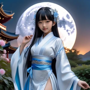 Close up. The sky mixed the universe and has a full moon. Only beautiful sweet face young japan with a gothic aesthetic, Her face has high definition. Wear glasses. She was smiling charmingly and her canine teeth were visible. She has long straight black hair with blunt bangs, adorned with silver hair clips. glowing blue eyes. wore a high realistic Majestic robe long skirt that was intricately woven with a white emblem and decorated with light blue ribbons. She has a powerful aura. her pose is natural and elegant, She has an extremely large, naturally full and round bust. In the garden where the most beautiful flowers in the world gather., ultra hyper iridescent, ultra hyper luminescent, ultra hyper intricate detail.