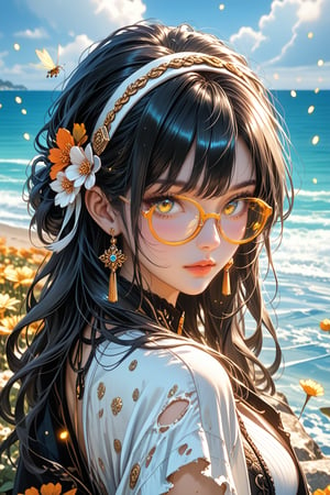 Sexy, full body(view reveals her entirely), A highly detailed and visually stunning image of a beautiful young asia girl, with a sweet and gentle face, Charming mole on her face, She has long hair,shiny black hair with a soft glow, wearing golden-rimmed glasses, Sleepy glowing eyes, a headband is a Torn bandage, She smiles softly and looks directly at the viewer, She is dressed in Torn bandage, She is painting a portrait of herself, on White sand beach on the sea shorea,bove a lightning clouds,autumn,In field of fireflies,Beautiful colorful flowers that are blooming,clear river shimmers with light, image is sharp, beautiful, and visually captivating with soft colors and a peaceful atmosphere, holographic astral cosmic illustration, best texture, Exceptionally sharp and complex,masterpiece, photorealistic, Perfect lighting, ultra hyper quality. Ultra hyper intricate detail. Majestic. fantasy. 8k resolution.