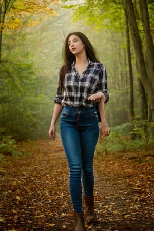 hubgwomen, beautiful woman walking in an autumnal forest wearing plaid shirt, jeans and boots