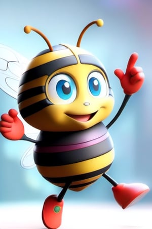 3D male bee character is charismatic and smiling with wifi signal between antennas and feet and arms.