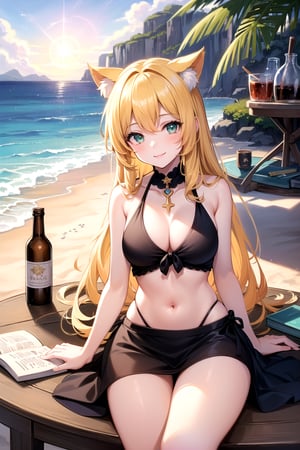 ((8K, masterpiece:1.2),(best quality), 1girl, solo, (white long hair), swept back hair, blue sky, books, notebooks, ultra detailed moss green eyes, ultra detailed background, smile, ((scenery)), ((lens flare)), 1 girl cat ears purple long hair with red eyes black folded long dress, many [bottles:sphere:0.2], golden light, mana light, star trail, colorful, ((beach scenery)), ray light,smile:1.2, (bikini), bikini ornament, many crystals in wooden chest, golden light,[crystal:daylight:0. 5], botanical ornaments, botanical books, potion in glass bottle, (bioluminescence:1.2), vibrant color, bright pupils, (realistic shades)