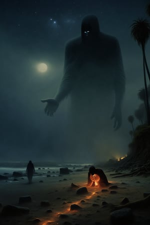 analog, creepy footage of giant menacing spectre on a Halloween island beach at dusk, star-studded sky, softly glowing pumpkin lantern leading a winding rock path through the misty shore, ghostly figure sitting on the sand, another ghostly figure strolling in the distance, a hidden specter lurking behind a twisted tree, | ominous cinematic horror environment with subtle fog and moonlit highlights.,beksinskiart