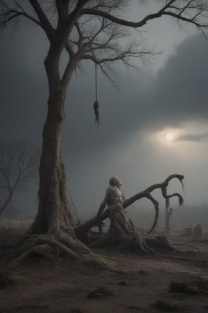 A desolate cemetery landscape: a lone man, consumed by despair, hangs precariously from a rope tied to his neck with a slip knot, from a withered tree branch, surrounded by sparse, dry foliage and crumbling tombstones overgrown with moss, brittle branches, and tangled roots. Gray clouds dominate the sky, only partially illuminated by the winter sun's faint light.
His inert gray body hangs from the rope from his broken neck, swaying in the air, due to the wind that also moves the dry branches, and makes the dry and loose leaves fly. If you look that scene, you only can think in desolation, sadness and despair.