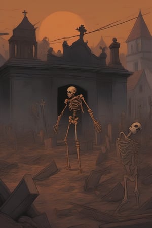 A desecrated cemetery at dusk: warm orange hues cast long shadows across the ravaged grounds. The chaotic mob of deranged civilians storms the once-peaceful resting place, coffins shattered and bodies torn from their slumber. Grave markers and mausoleums lie in ruins as the undead corpses are manipulated into grotesque poses. A woman's hands grasp a corpse's arms like a marionette, while a man uses a body as a puppet to reenact a macabre waltz. In the midst of chaos, a child crouches, laughing maniacally as they mutilate a cadaver's face with a rusty gate. The atmosphere is heavy with darkness and despair.