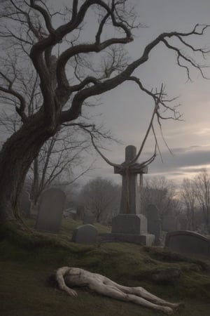 A desolate cemetery landscape: the dead body of a lone man, consumed by despair, hangs precariously from a rope tied to his neck with a slip knot, from a withered tree branch, surrounded by sparse, dry foliage and crumbling tombstones overgrown with moss, brittle branches, and tangled roots. Gray clouds dominate the sky, only partially illuminated by the winter sun's faint light.
His inert gray corpse hangs from the rope from his broken neck, swaying in the air, due to the wind that also moves the dry branches, and makes the dry and loose leaves fly. If you look that scene, you only can think in desolation, sadness and despair.