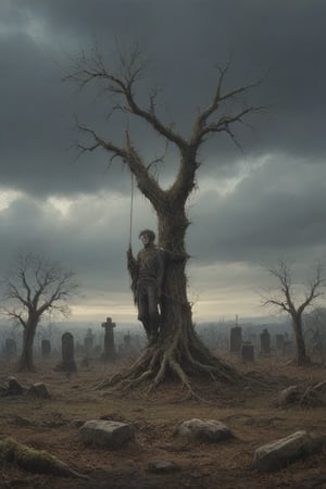 A desolate cemetery landscape: a lone man, consumed by despair, hangs precariously from a rope tied to his neck with a slip knot, from a withered tree branch, surrounded by sparse, dry foliage and crumbling tombstones overgrown with moss, brittle branches, and tangled roots. Gray clouds dominate the sky, only partially illuminated by the winter sun's faint light.
His inert body hangs from the rope from his brokwn neck, swaying due to the wind that also moves the dry branches, and makes the dry and loose leaves fly.