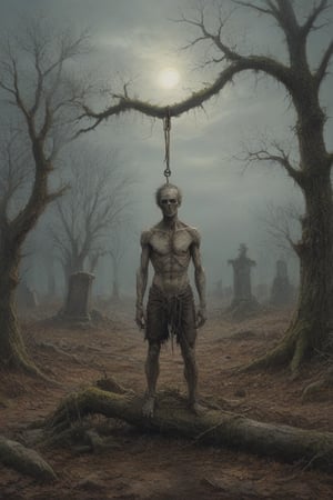 A desolate cemetery landscape: the dead body of a lone macilent man, consumed by despair, hangs precariously from a rope tied to his neck with a slip knot, from a withered tree branch, surrounded by sparse, dry foliage and crumbling tombstones overgrown with moss, brittle branches, and tangled roots. Gray clouds dominate the sky, only partially illuminated by the winter sun's faint light.
His corpse hangs suspended two meters from the ground, from the rope from his broken neck, swaying in the air, due to the wind that also moves the dry branches, and makes the dry and loose leaves fly. If you look that scene, you only can think in desolation, sadness and despair. His arms and legs are down.