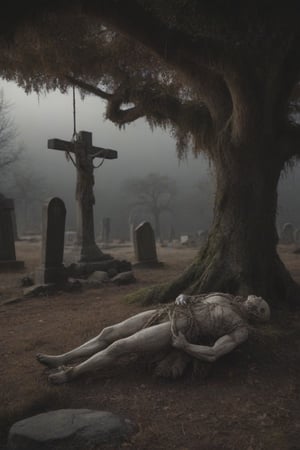 A desolate cemetery landscape: the dead body of a lone man, consumed by despair, hangs precariously from a rope tied to his neck with a slip knot, from a withered tree branch, surrounded by sparse, dry foliage and crumbling tombstones overgrown with moss, brittle branches, and tangled roots. Gray clouds dominate the sky, only partially illuminated by the winter sun's faint light.
His inert gray body hangs from the rope from his broken neck, swaying in the air, due to the wind that also moves the dry branches, and makes the dry and loose leaves fly. If you look that scene, you only can think in desolation, sadness and despair.