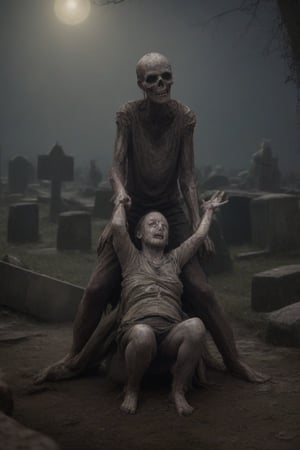 A desecrated cemetery at dusk, the once-peaceful grounds now overrun by a chaotic mob of deranged civilians. Grave markers and mausoleums are ravaged as the crowd of crazed faces descends upon the resting place, coffins shattered and bodies ripped from their jumper slumber. The undead corpses, now instruments for the living's twisted revelry, are manipulated into grotesque poses: a woman dangles a corpse's arms like a marionette, while a man uses a body as a makeshift puppet to reenact a macabre waltz. A child crouches amidst the chaos, laughing maniacally as they mutilate a cadaver's face with a rusty gate. Dance of the death.