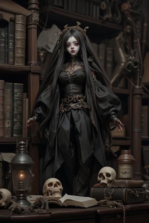 A ball joint doll of a pale-skinned woman with very long straight black hair, wearing semitransparent goth clothes, big bright red eyes, and dark makeup. She stands in an old library filled with dusty books, a skull resting on a book, an old gas lamp glowing softly, and various witchcraft paraphernalia scattered around. The scene is dimly lit, with a focus on the doll's intricate details and the eerie atmosphere of the library, Ball Joint doll,