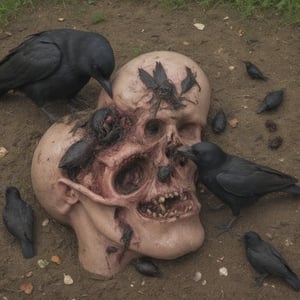 Close up to a severed head. A crow is feasting on severed head's rotten eye. Worms and flies overwhelm the head.