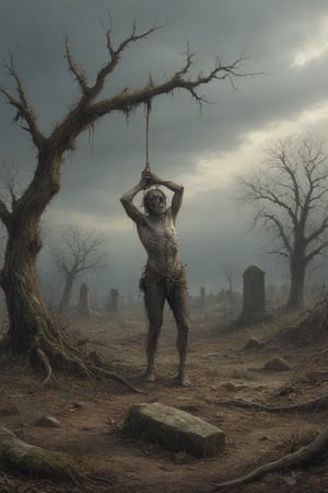 A desolate cemetery landscape: the dead body of a lone macilent man, consumed by despair, hangs precariously from a rope tied to his neck with a slip knot, from a withered tree branch, surrounded by sparse, dry foliage and crumbling tombstones overgrown with moss, brittle branches, and tangled roots. Gray clouds dominate the sky, only partially illuminated by the winter sun's faint light.
His corpse hangs suspended two meters from the ground, from the rope from his broken neck, swaying in the air, due to the wind that also moves the dry branches, and makes the dry and loose leaves fly. If you look that scene, you only can think in desolation, sadness and despair. 