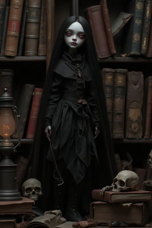 A ball joint doll of a pale-skinned woman with very long straight black hair, wearing tiny semitransparent goth clothes, big bright red eyes, and dark makeup. She stands in an old library filled with dusty books, a skull resting on a book, an old gas lamp glowing softly, and various witchcraft paraphernalia scattered around. The scene is dimly lit, with a focus on the doll's intricate details and the eerie atmosphere of the library.