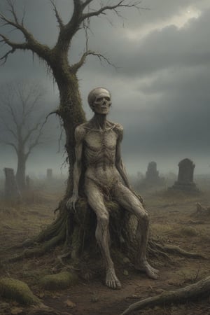 A desolate cemetery landscape: the dead body of a lone macilent  skinny man, consumed by despair, hangs precariously from a rope tied to his neck with a slip knot, from a withered tree branch, surrounded by sparse, dry foliage and crumbling tombstones overgrown with moss, brittle branches, and tangled roots. Gray clouds dominate the sky, only partially illuminated by the winter sun's faint light.
His corpse hangs suspended two meters from the ground, from the rope from his broken neck, swaying in the air, due to the wind that also moves the dry branches, and makes the dry and loose leaves fly. If you look that scene, you only can think in desolation, sadness and despair. His arms and legs are down. The air between his feet and soil is invaded by mist.