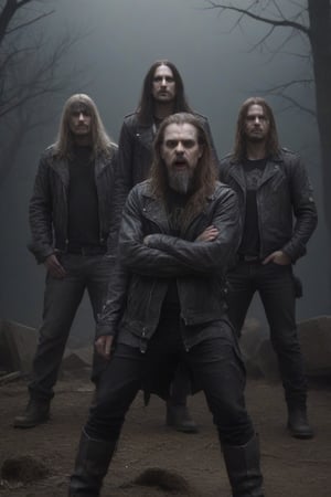 In an old cemetery, a maelstrom of malevolence converges as the threesome Death Metal band members contort their features into twisted grimaces, their visages distorted by a fervor for chaos. Framed in harsh shadows, they pose with arms crossed, leather jackets with oxidated nails, creaking against military boots, t-shirts emblazoned with death metal logos. Long hair and beard flows like a dark tide as they revel in the abyssal depths of their craft.