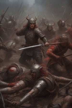 A chaotic battlefield unfolds as samurai and Viking warriors clash in a brutal melee. Swords clash, armor shatters, and bodies litter the crimson-soaked earth. Mangled limbs and severed heads scatter the terrain, while injured combatants writhe in agony. The air reeks of sweat, blood, and desperation.