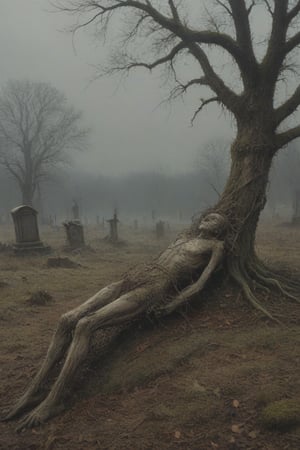 A desolate cemetery landscape: the dead body of a lone macilent  skinny man, consumed by despair, hangs precariously from a rope tied to his neck with a slip knot, from a withered tree branch, surrounded by sparse, dry foliage and crumbling tombstones overgrown with moss, brittle branches, and tangled roots. Gray clouds dominate the sky, only partially illuminated by the winter sun's faint light.
His corpse hangs suspended two meters from the ground, from the rope from his broken neck, swaying in the air, due to the wind that also moves the dry branches, and makes the dry and loose leaves fly. If you look that scene, you only can think in desolation, sadness and despair. His arms and legs are down. The air between his feet and soil is invaded by mist.