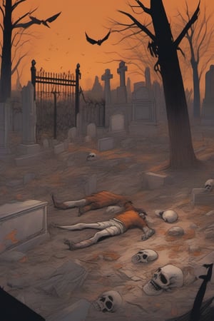 A desecrated cemetery at dusk: warm orange hues cast long shadows across the ravaged grounds. The chaotic mob of deranged civilians storms the once-peaceful resting place, coffins shattered and bodies torn from their slumber. Grave markers and mausoleums lie in ruins as the undead corpses are manipulated into grotesque poses. A woman's hands grasp a corpse's arms like a marionette, while a man uses a body as a puppet to reenact a macabre waltz. In the midst of chaos, a child crouches, laughing maniacally as they mutilate a cadaver's face with a rusty gate. The atmosphere is heavy with darkness and despair.