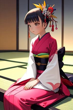 master piece,cowboy shot,young girl,small breast,japanese kimono,hair accessory,sitting down,