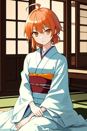 masterpiece,cowboy shot,front shot,face forward,solo,young girl,small breast,hair accessory,japanese kimono,koito yuu,ahoge,orange hair,sitting down,